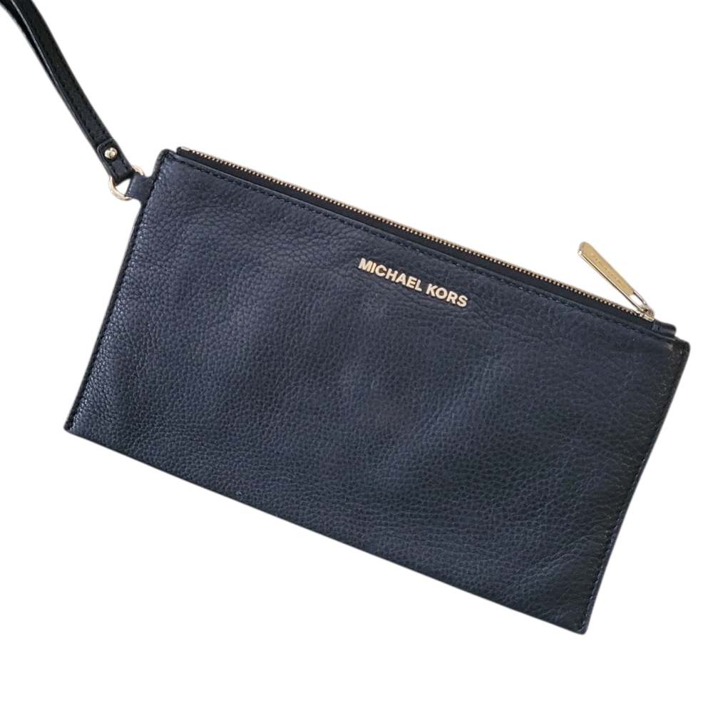Michael Kors Fulton Black Pebbled Leather Wristlet Clutch Handbag
